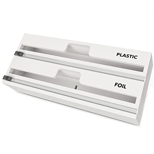 SpaceAid WrapNeat 2 in 1 Wrap Organizer with Cutter and Labels, Plastic Wrap, Aluminum Foil and Wax Bamboo Dispenser for Kitchen Storage Organization Holder for 12" Roll (White)