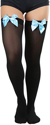 Image of ToBeInStyle Women's Opaque Long Thigh High Stockings w /Decorative Front Satin Bow