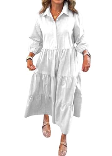 Image of chouyatou Women's Loose Fit Puff Sleeve Maxi Tiered Babydoll Dress V-Neck Cotton Long Button Down Dress