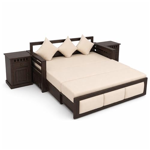 Image of SONA ART & CRAFTS Zeus Sheesham Wood 3 Seater Sofa Cum Bed with Bedside | Wooden 3 Seater Sofa for Living Room Wooden Furniture Sofa Bed for Home (Walnut Finish)