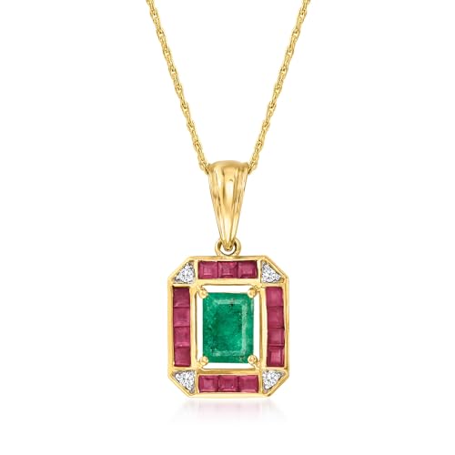 Ross-Simons 0.80 Carat Emerald, .70 ct. t.w. Ruby and Diamond Pendant Necklace in 14kt Yellow Gold. 18 inches