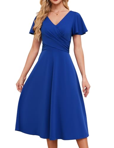 Image of Gardenwed Womens Cocktail Dress Wedding Guest Semi Formal Wrap V Neck Short Sleeve Ruched A Line Midi Dresses with Belt