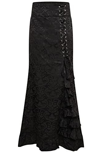 Ro Rox Kathleen Brocade Lace-Up Skirt with Mermaid Ruffle, Jacquard Gothic Maxi Skirt for Women, Black, M