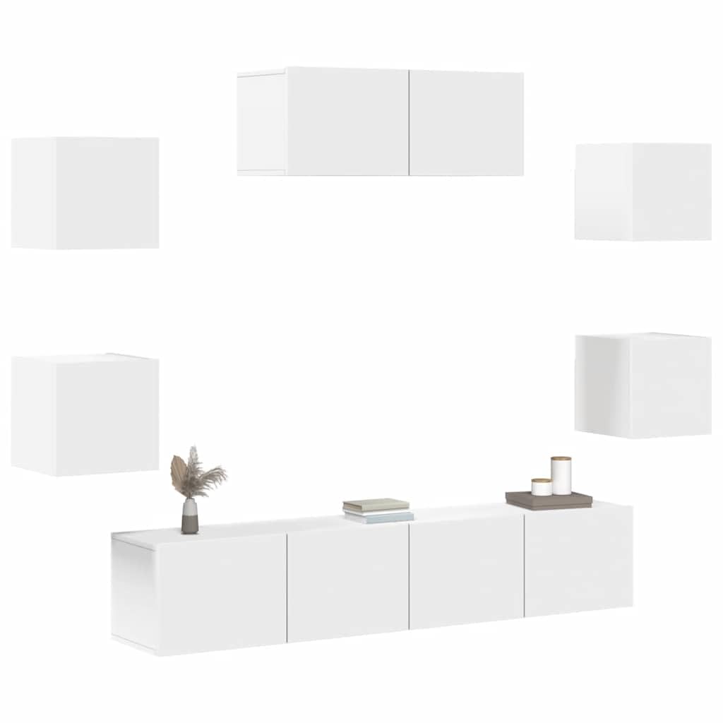 7-TLG. TV-Schrank-Set Weiß, Holzwerkstoff, Wandmontage, Modernes Media-Center für Wohnzimmer und Schlafzimmer, Viel Stauraum