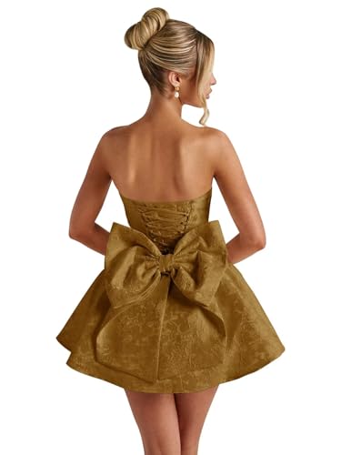 Image of Basgute Floral Jacquard Satin Short Homecoming Dresses for Teens A Line Strapless Formal Prom Evening Gown with Bow