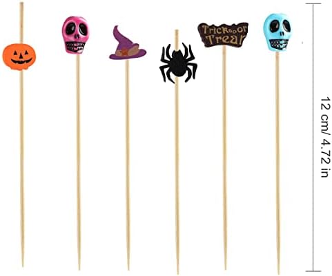 Bekeify Halloween Cocktail Sticks 200Pcs Wooden Cocktail Swizzle Picks 12cm Bamboo Toothpicks Skull Fruit Sticks Food Garnish Skewers for Party Sandwiches Pumpkin Bat Spider Topper Ghost Decoration