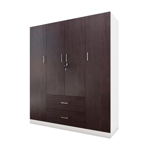 Image of VIKI Wardrobe | Wooden Almirah for Clothes,Door for Bedroom, 4 Door Wardrobe with Drawer & Hanging Space (White & Wenge - 40D x 160W x 180H) | 1 Year Warranty| Free Assembly