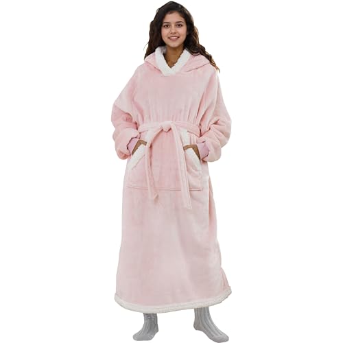 Eydna Wearable Blanket Hoodie Sweatshirt Standard For Adults - Cozy Flannel And Fleece With Hood, Giant Pocket and Adjustable Belt - Pink