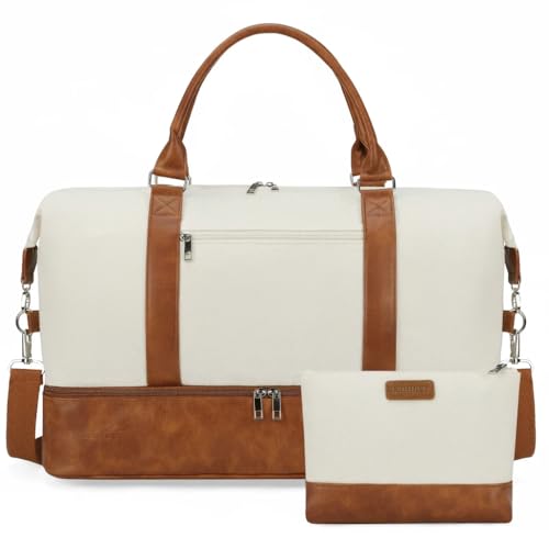 Image of Oeihuivt Weekender Bags for Women - 21 Inch Large Travel Duffel Bag with Shoe Compartment, Heavy-Duty Canvas Leather Carry On Overnight Tote, Brown-Beige-3, 21, Weekend Trip