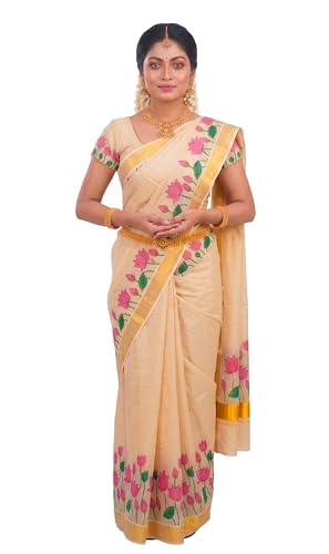 Image of Women's Mural Printed Kerala Gold Tissue Saree with Running Blouse Piece | Traditional South Indian Ethnic Saree for Festivals, Weddings & Special Occasions