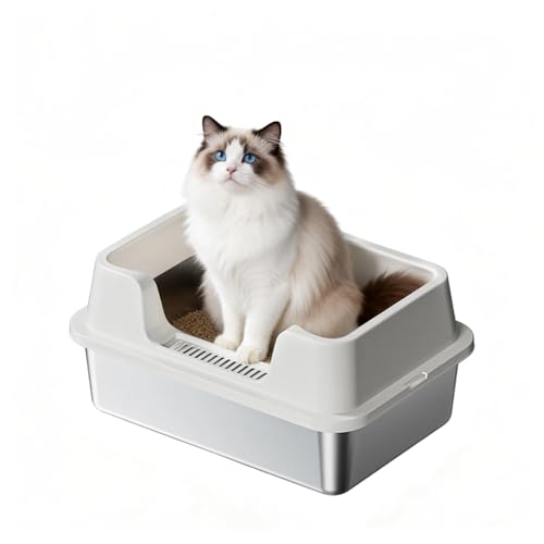 Enclosed Stainless Steel Cat Litter Box with Lid Extra Large Litter Box for Big Cats XL Metal Litter Pan Tray with High Wall Sides Enclosure, Non-Sticky, Anti-Leakage, Easy Cleaning