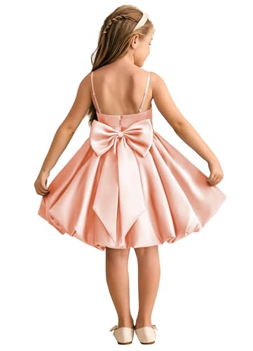 Girls Spaghetti Straps Satin Flower Girl Dresses for Wedding Pageant Party Cute Bow Knot Formal Mini Bubble Dress