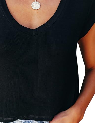 WMZCYXY Women V Neck Crop Tops Cap Sleeve Loose Fit Cropped T Shirts Casual Summer Solid Color Basic Tees4
