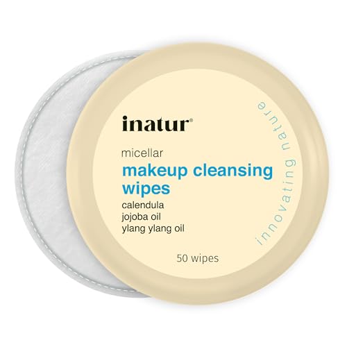 inatur Makeup Remover Wipes for Face (50 Wipes) – Daily Cleansing Facial Towelettes to Remove Waterproof Makeup, Jojoba Oil, Micellar Deep Clean, No Artificial Chemicals, Makeup Remover Pads