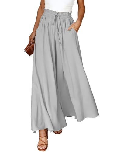 CMTOP Pantalones Mujer Verano Palazzo Ligeros Pantalones Elásticos de Cintura Alta Pantalone Casual Anchos Suelto Cómodos Flojo Playa Pantalone con Bolsillos Cordón (Gris Claro, XXL)