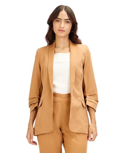 Spunky-Biscuit Brown Ruched Sleeve Blazer for Women, Moss-Lycra Fabric, Shawl Collar, 3/4th Sleeves, Imported