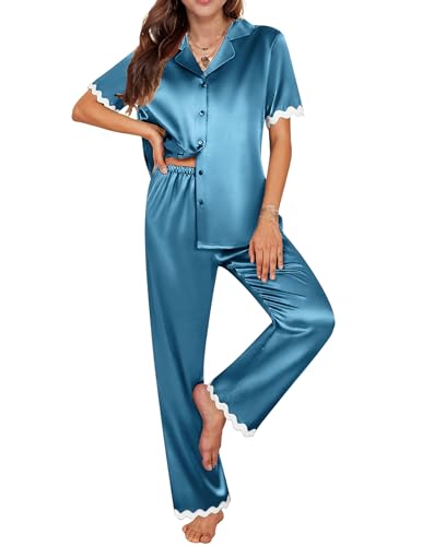 Image of Ekouaer Womens Silk Satin Pajamas Set Button Down 2 Piece Pjs Short Sleeve Long Pants Sleepwear Lounge Set, S-XXL
