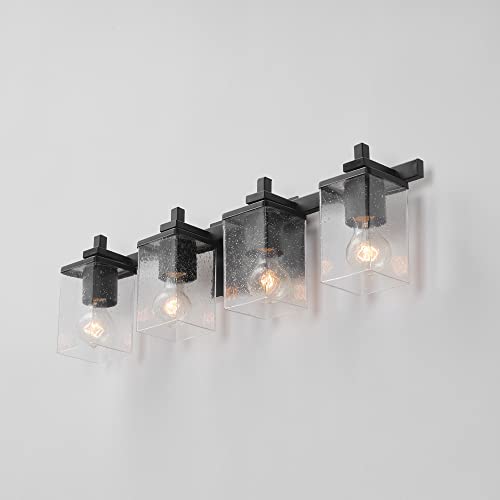 Image of GLOBE Electric 52089 Dakota 4-Light Vanity Light, Matte Black, Seeded Glass Shades