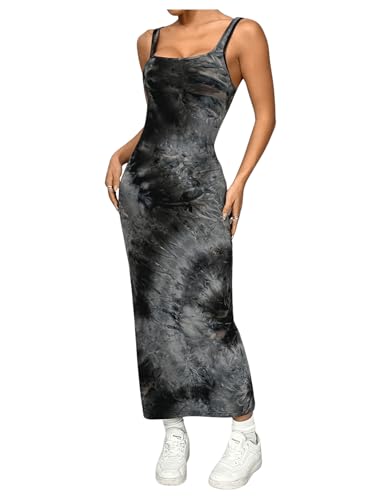 Image of SOLY HUX Women's Tie Dye Bodycon Tank Dress Sleeveless Square Neck Summer Long Dresses Black Tie Dye Large