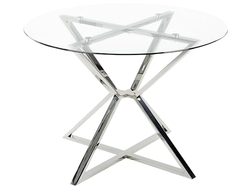 Beliani Table à Manger Argenté en Verre et Acier ⌀ 105 cm Base en X Forme Sablier Bosco