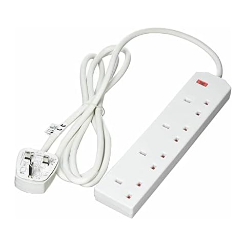Extension Lead Uk Pin Plug And Cable, 4 Gang Way 2m Power Adapter Sockets Approx 13A 250vfor Multiple Appliances From Distance Neon Power On Indicator Colour White Cover