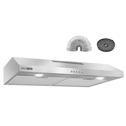 SizzleCook Range Hood 30 Inch Under Cabinet, Ducted and Ductless Convertible Vent Hood, Stainless Steel Stove Hood with 3 Speed Exhaust Fan, 3-layer Aluminum & Carbon Filter,600CFM