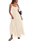 Gacaky Summer Dress for Women Casual Lace Floral Embroidered Bohemian Maxi Dress Flowy A Line Beach Long Dresses Beige Large