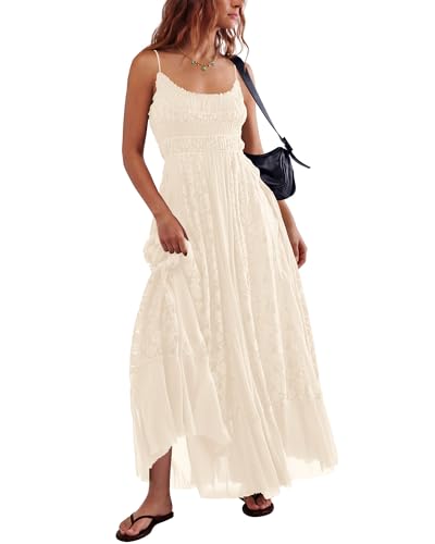 Gacaky Summer Dress for Women Casual Lace Floral Embroidered Bohemian Maxi Dress Flowy A Line Beach Long Dresses Beige Large