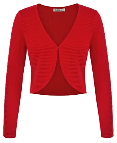 Boléros Femmes Manche Longue Cardigan Court Col en V Gilet Veste Court à Agrafe Grande Taille Rouge -3 XXL