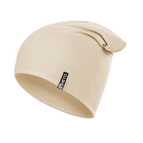 HEYO Unisex Slouch Beanie Mütze aus Baumwolle Übergangsmütze Damen Herren Elastisch Dünne Kopfbedeckung Sportmütze HCU007 (DE/NL/SE/PL Alphanumerisch Einheitsgröße Beige)