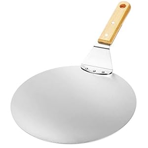 COM-FOUR® pizzaschep van roestvrij staal – pizza- en cakeschep met houten handvat – ronde pizzaduwer voor pizza, tarte flambée en brood (bruin/zilverkleurig – rond)