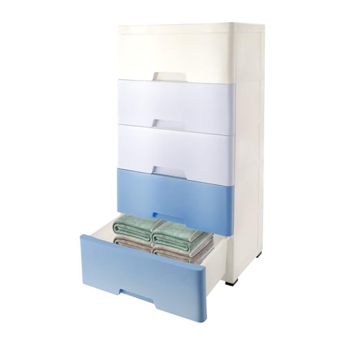 5 Drawer Plastic Storage Organizer, Plastic Storage Drawers for Bedroom & Closet, Bedroom Organizers and Storage with Wheels, Space-Saving, Gradient Blue