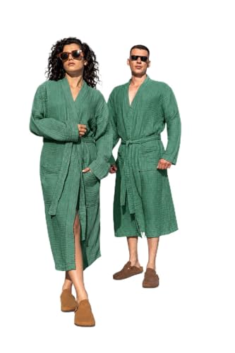Image of Muslin Unisex Bathrobe Women & Men, 100% Cotton Kimono Lightweight Robe | Long Robes Soft, Absorbent, Spa robes