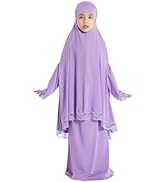 Kids Girls Abaya Muslim Full Cover Lace Hijab Dress Kaftan Dubai Islamic Prayer Dress, 2pcs Set
