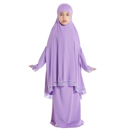 Kids Prayer Dress: Muslim Clothes for Girls Long Sleeve Full Cover Lace Hijab Two-Piece Dress Modest Islamic Maxi Abaya Kaftan Dubai Arabian Jilbab Eid Ramadan Thobe Purple 7-8 Years