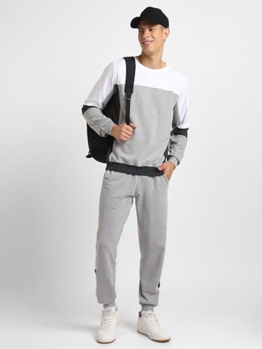 Image of NOBERO Grey Melange Co-ord Set for Men | Comfy Pure Cotton Grey Lounge Wear | Jogger and Sweatshirt Set