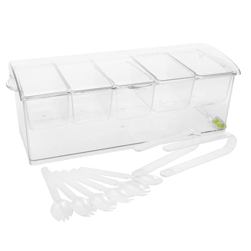 Hoement Bandeja Refrigerada para Condimentos con Tapa 5 Compartimentos de Plástico Transparente Organizador de Condimentos para Bar y Buffet Servidor de Guarniciones Frío para Frutas