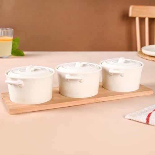 Image of Nestasia Ceramic Snack Bowls with Lids & Bamboo Tray Set 250ml | Microwave & Dishwasher Safe, Eco-Friendly | Ideal for Snacks, Dips, Treats, Dry Fruits