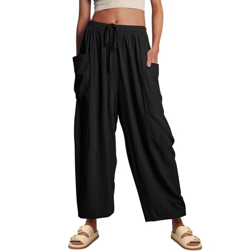 ODIZLI Womens Linen Wide Leg Pants with Pockets Casual Loose Drawstring Low Waist Beach Palazzo Harem Pants