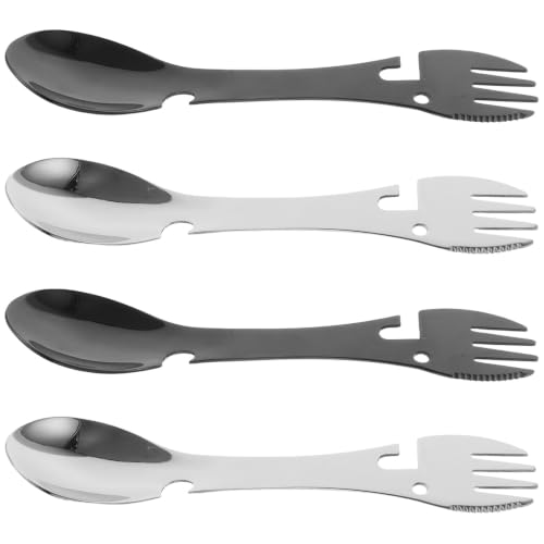 CALLARON Juego de Cubiertos Portátiles de Acero Inoxidable 4 Piezas con Cuchillo, Tenedor, Cuchara y Abrelatas Reutilizables y Ligeros para Camping y Viaje
