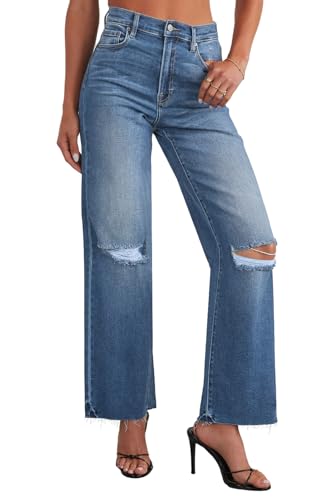Allimy High Rise Wide Leg Ripped Jeans for Women High Waist Stretch Classic Capri Jeans Denim Pants Dark Wash Blue Size 4