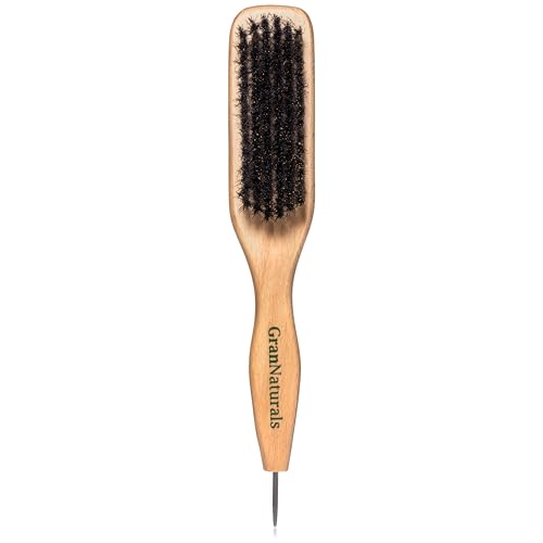 GranNaturals Smoothing & Styling Middle Part Boar Bristle Slick Back Hair Brush w/ Narrow Metal Rat Tail End for Sectioning and Parting Sleek Ponytail Bun - Teasing Backcombing Edge Control