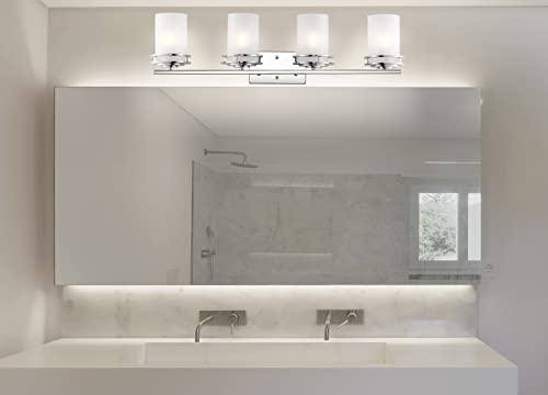 Image of JONATHAN Y Fairfax 4-Light Bathroom Vanity Light 32 inch Metal /Glass, Chrome | Art Deco Style, Frosted White Cylinder Shades, Dimmable, LED Bulbs Included, Hardwired Mirror Wall Sconce