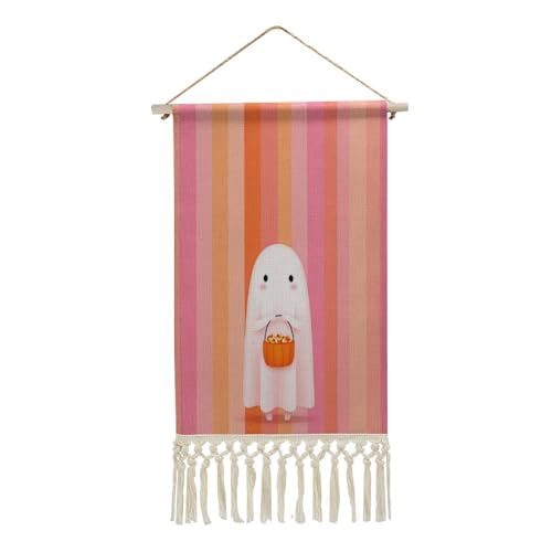 Jubonexis Arazzo da parete in lino, con simpatico fantasma che tiene una zucca, secchiello per caramelle vintage, poster da parete con nappa e asta in legno