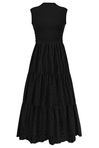PRETTYGARDEN Summer Dresses for Women 2025 Casual Eyelet Sleeveless Wedding Guest Maxi Dress Tank Top Sundress with Pockets (Black,XX-Large)