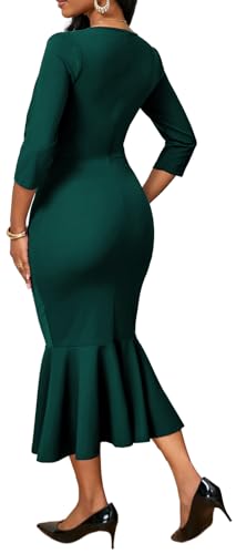 Image of VisiChenup Elegant Dress for Women V Neck Long Sleeve Midi Fishtail Dress | Elegant Dress for Women Long Sleeve Wedding Guest Cocktail Bodycon Dresses with Zipper