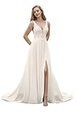 yinyyinhs Lace Appliques Wedding Dresses for Bride Long V Neck Tulle Chiffon A-Line Sleeveless Bridal Ball Gown with Slit, E-Ivory, 14