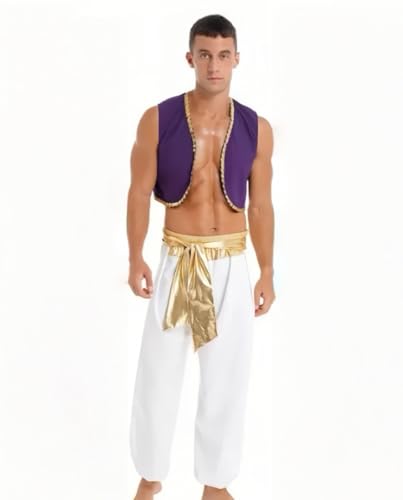 ZBH1985 Costume de prince arabe, gilet violet avec bordure dorée, pantalon blanc avec ceinture colorée