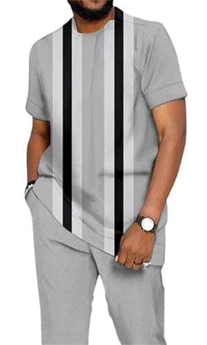 TIFIYA Men's 2 Piece Short Sleeve African Clothing Suits Striped Retro Pants Set Leisure Outfits Casual Party Wear S-5XL