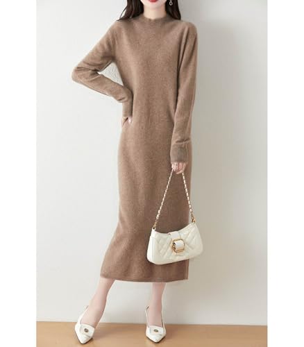 100% Merino Wool Sweater Dress Women's Long Sleeve Mock Neck Ribbed Jumper Fall Winter Knitted Long Tops2